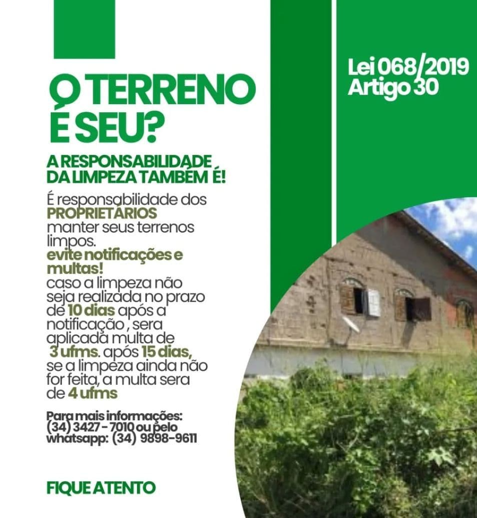 Prefeitura de Planura alerta sobre limpeza de lotes particulares