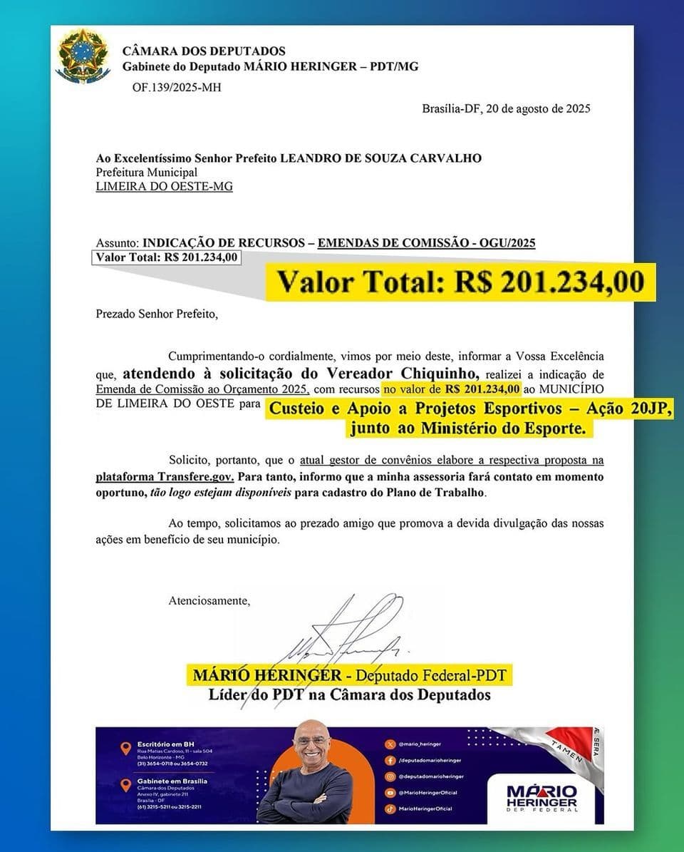 Boa notícia para o esporte de Limeira do Oeste!