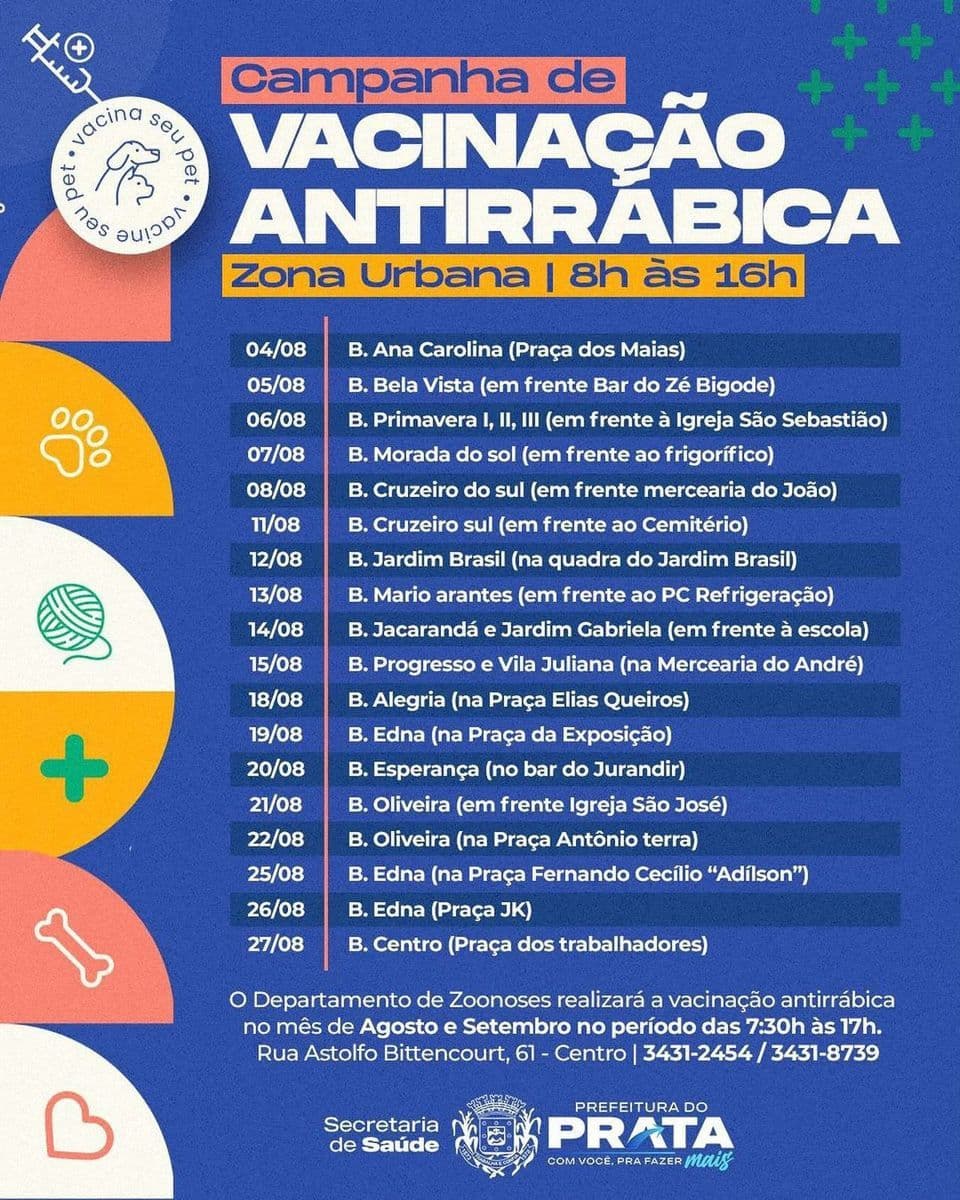 Campanha de Vacinação Antirrábica estará nos bairros do Prata até 27 de agosto