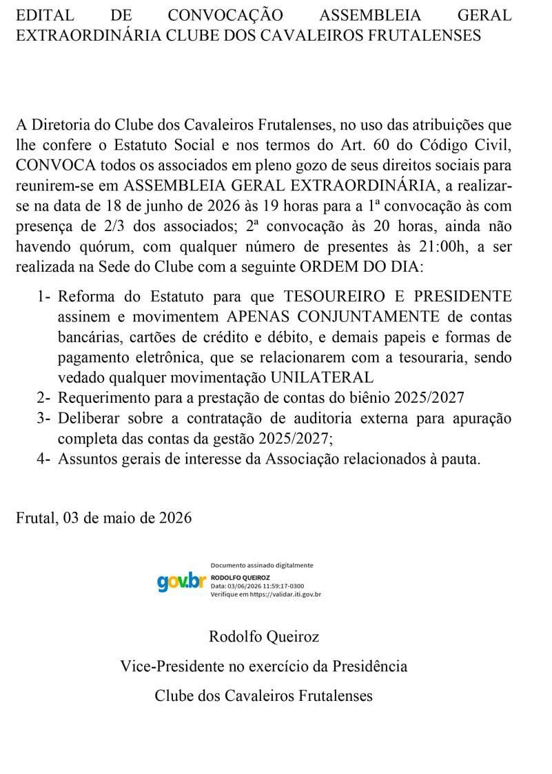EDITAL DE CONVOCAÇÃO ASSEMBLEIA GERAL EXTRAORDINÁRIA CLUBE DOS CAVALEIROS FRUTALENSES