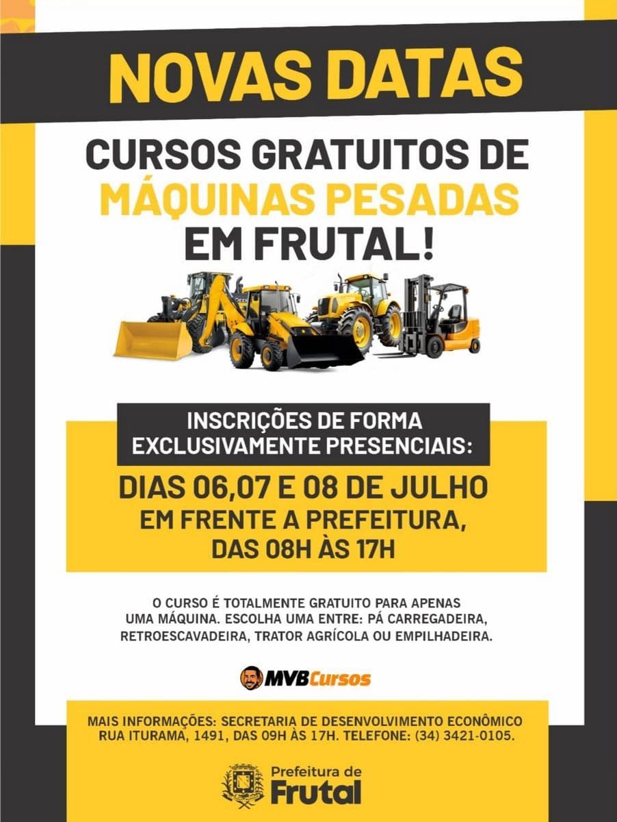 NOVAS DATAS 📅 CURSOS GRATUITOS DE MÁQUINAS PESADAS EM FRUTAL! 🚜