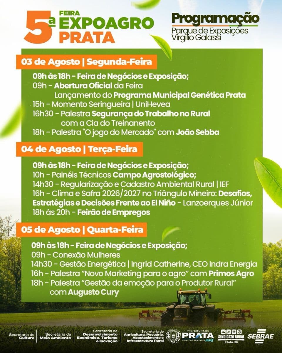 Expoagro Prata divulga programação completa com foco em inovação, conhecimento e oportunidades no agronegócio